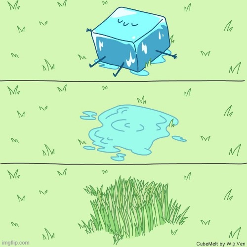 image tagged in ice cube,melting,water,grass | made w/ Imgflip meme maker