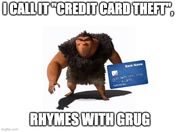 Blank White Template | I CALL IT "CREDIT CARD THEFT", RHYMES WITH GRUG | image tagged in blank white template | made w/ Imgflip meme maker