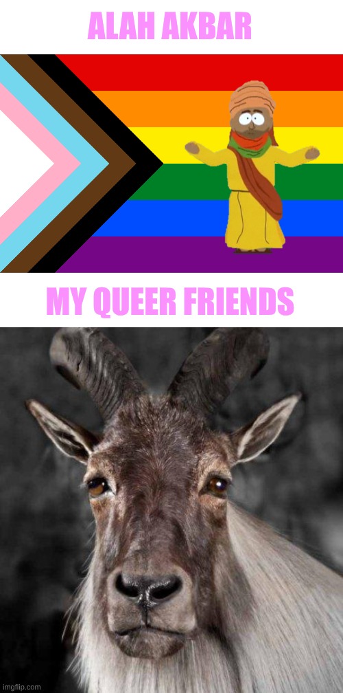 EweToob:  Can Muslims Explain the Weirdest Story About Muhammad Ever? | ALAH AKBAR; MY QUEER FRIENDS | image tagged in pride flag,sad goat | made w/ Imgflip meme maker