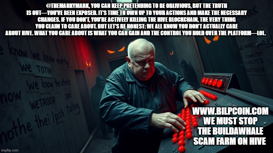@THEMARKYMARK, YOU CAN KEEP PRETENDING TO BE OBLIVIOUS, BUT THE TRUTH IS OUT—YOU’VE BEEN EXPOSED. IT’S TIME TO OWN UP TO YOUR ACTIONS AND MAKE THE NECESSARY CHANGES. IF YOU DON’T, YOU’RE ACTIVELY KILLING THE HIVE BLOCKCHAIN, THE VERY THING YOU CLAIM TO CARE ABOUT. BUT LET’S BE HONEST: WE ALL KNOW YOU DON’T ACTUALLY CARE ABOUT HIVE. WHAT YOU CARE ABOUT IS WHAT YOU CAN GAIN AND THE CONTROL YOU HOLD OVER THE PLATFORM—LOL. WWW.BILPCOIN.COM WE MUST STOP THE BUILDAWHALE SCAM FARM ON HIVE | made w/ Imgflip meme maker