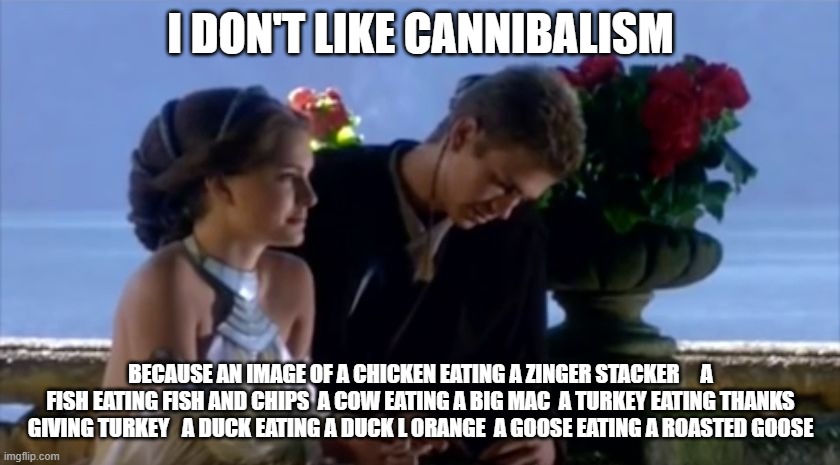 I don't like sand | I DON'T LIKE CANNIBALISM; BECAUSE AN IMAGE OF A CHICKEN EATING A ZINGER STACKER     A FISH EATING FISH AND CHIPS  A COW EATING A BIG MAC  A TURKEY EATING THANKS GIVING TURKEY   A DUCK EATING A DUCK L ORANGE  A GOOSE EATING A ROASTED GOOSE | image tagged in i don't like sand | made w/ Imgflip meme maker