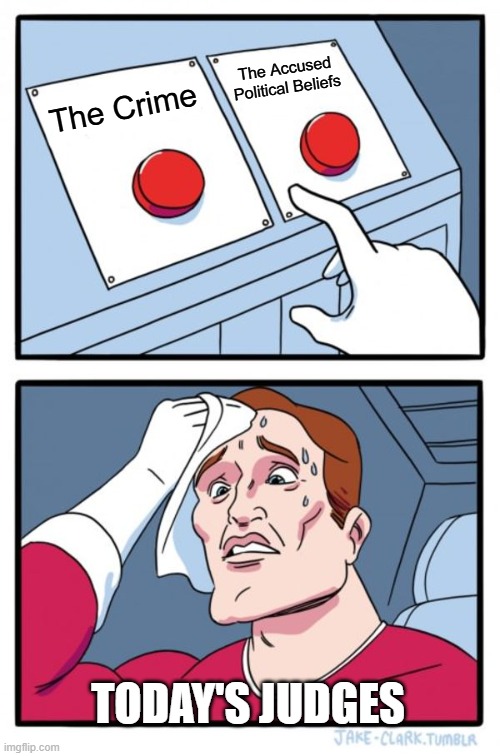 It ain't justice if it's biased | The Accused Political Beliefs; The Crime; TODAY'S JUDGES | image tagged in memes,two buttons | made w/ Imgflip meme maker