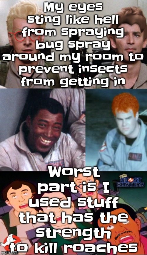 la inconsistency | My eyes sting like hell from spraying bug spray around my room to prevent insects from getting in; Worst part is I used stuff that has the strength to kill roaches | image tagged in la inconsistency | made w/ Imgflip meme maker