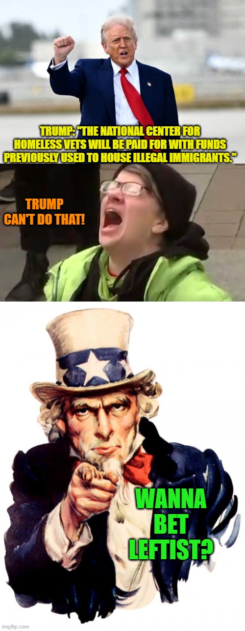 Perhaps you scum need to activate yet another leftist activist judge. | TRUMP: "THE NATIONAL CENTER FOR HOMELESS VETS WILL BE PAID FOR WITH FUNDS PREVIOUSLY USED TO HOUSE ILLEGAL IMMIGRANTS."; TRUMP CAN'T DO THAT! WANNA BET LEFTIST? | image tagged in yep | made w/ Imgflip meme maker