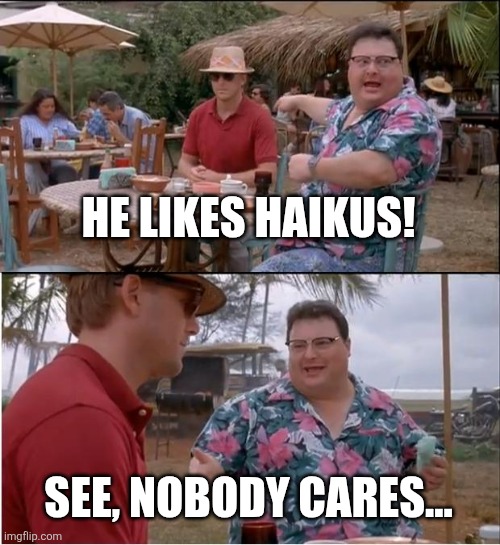 He likes haikus! | HE LIKES HAIKUS! SEE, NOBODY CARES... | image tagged in memes,see nobody cares,jpfan102504 | made w/ Imgflip meme maker