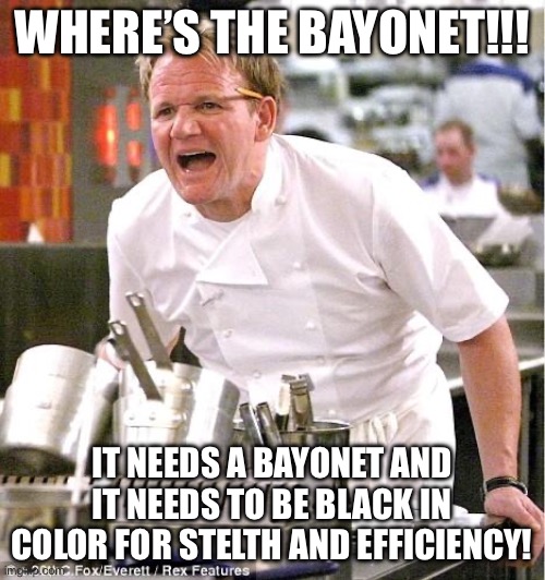 Chef Gordon Ramsay Meme | WHERE’S THE BAYONET!!! IT NEEDS A BAYONET AND IT NEEDS TO BE BLACK IN COLOR FOR STEALTH AND EFFICIENCY! | image tagged in memes,chef gordon ramsay | made w/ Imgflip meme maker