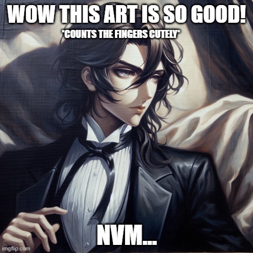 *sigh* | WOW THIS ART IS SO GOOD! *COUNTS THE FINGERS CUTELY*; NVM... | image tagged in aiart | made w/ Imgflip meme maker