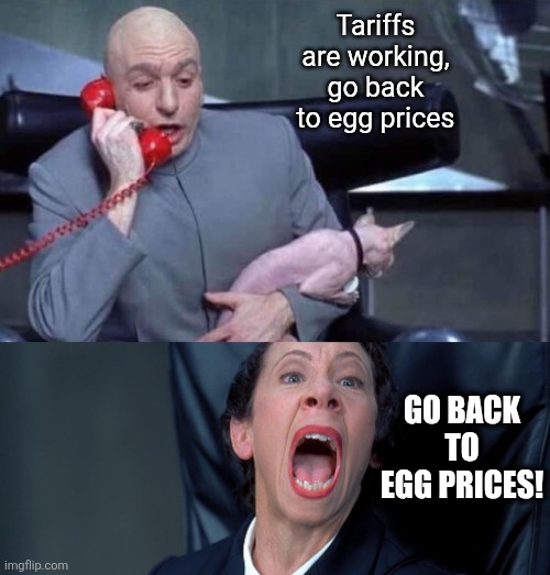 Dr Evil and Frau | Tariffs are working, go back to egg prices GO BACK TO EGG PRICES! | image tagged in dr evil and frau | made w/ Imgflip meme maker