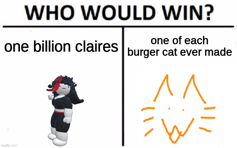make this the new gorilla vs 100 humans question | one billion claires; one of each burger cat ever made | image tagged in memes,who would win,death battle,claire,burger cat | made w/ Imgflip meme maker