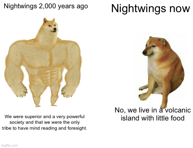 Buff Doge vs. Cheems | Nightwings 2,000 years ago; Nightwings now; No, we live in a volcanic island with little food; We were superior and a very powerful society and that we were the only tribe to have mind reading and foresight. | image tagged in memes,buff doge vs cheems | made w/ Imgflip meme maker