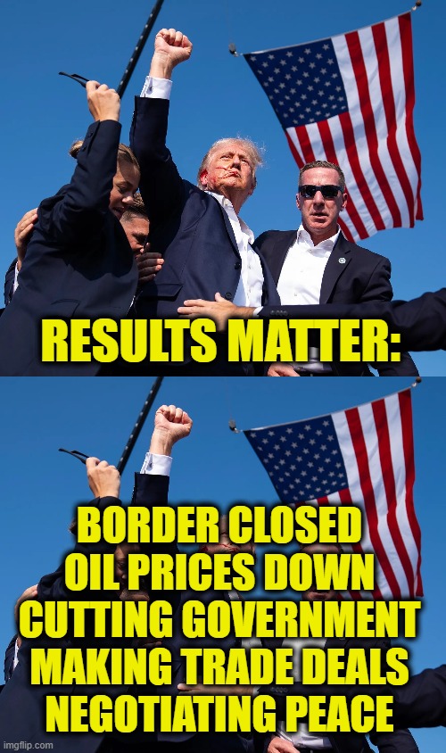 Not tired of winning yet | RESULTS MATTER:; BORDER CLOSED
OIL PRICES DOWN
CUTTING GOVERNMENT
MAKING TRADE DEALS
NEGOTIATING PEACE | image tagged in donald trump | made w/ Imgflip meme maker