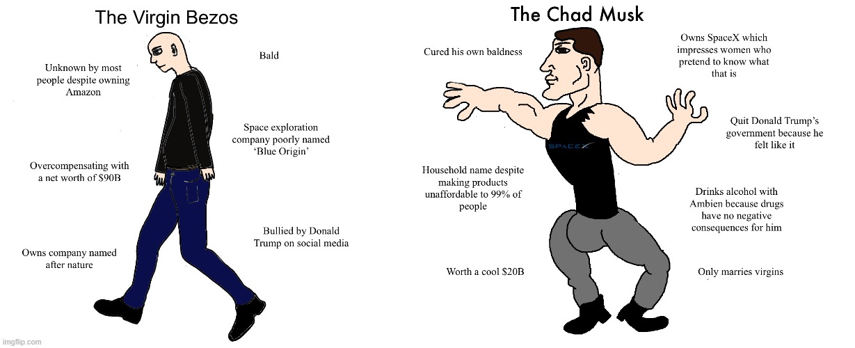 I condemn elon by reposting this | image tagged in virgin vs chad,elon musk,jeff bezos,repost | made w/ Imgflip meme maker