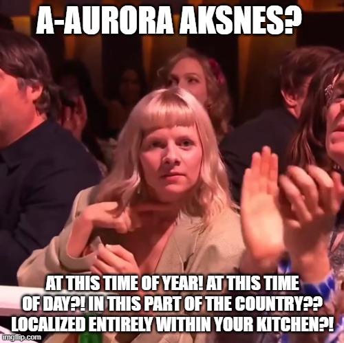 This is Aurora Aksnes, she is absolutely real | A-AURORA AKSNES? AT THIS TIME OF YEAR! AT THIS TIME OF DAY?! IN THIS PART OF THE COUNTRY?? LOCALIZED ENTIRELY WITHIN YOUR KITCHEN?! | image tagged in warriors,and,weirdoes,forever,not warrior cats,that's a totally different thing thing that i do not know | made w/ Imgflip meme maker