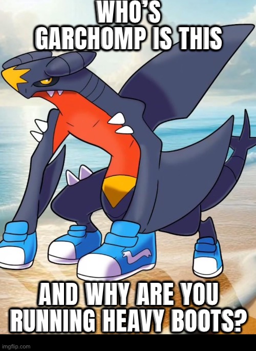 Wheres the rocky helmet? | WHO’S GARCHOMP IS THIS; AND WHY ARE YOU RUNNING HEAVY BOOTS? | made w/ Imgflip meme maker
