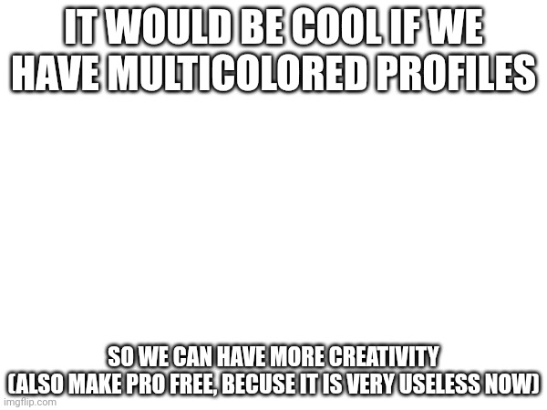 IT WOULD BE COOL IF WE HAVE MULTICOLORED PROFILES; SO WE CAN HAVE MORE CREATIVITY
(ALSO MAKE PRO FREE, BECUSE IT IS VERY USELESS NOW) | made w/ Imgflip meme maker