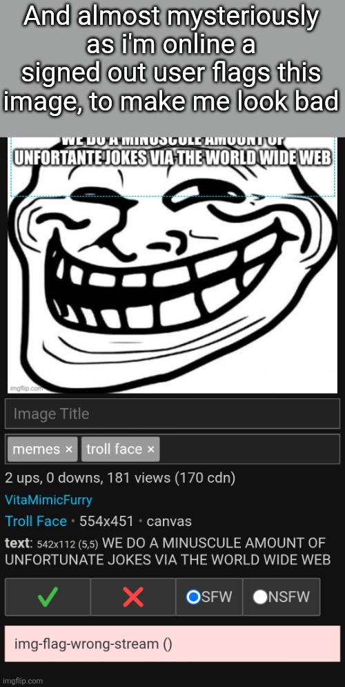 whether i approve this or not it will be used against me but alright jack | And almost mysteriously as i'm online a signed out user flags this image, to make me look bad | made w/ Imgflip meme maker