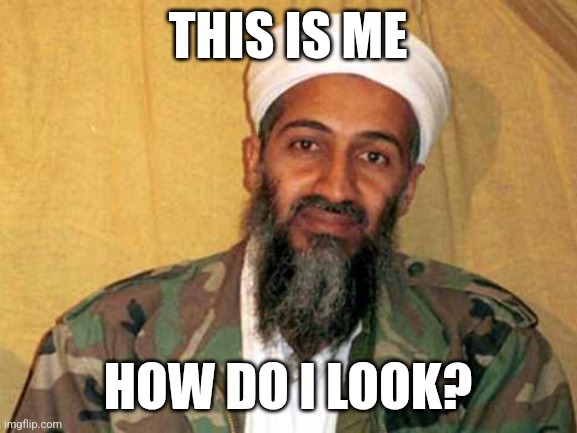 osama bin laden | THIS IS ME; HOW DO I LOOK? | image tagged in osama bin laden | made w/ Imgflip meme maker