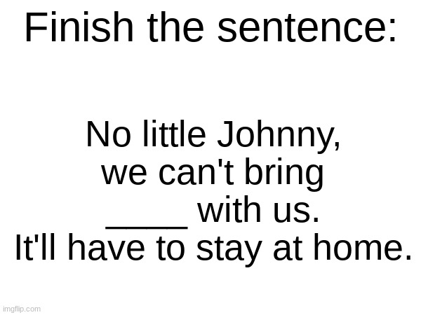 Finish the sentence | No little Johnny, we can't bring ____ with us.
It'll have to stay at home. | image tagged in finish the sentence | made w/ Imgflip meme maker