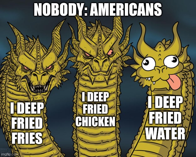 Nobody: Americans | NOBODY: AMERICANS; I DEEP FRIED CHICKEN; I DEEP FRIED WATER; I DEEP FRIED FRIES | image tagged in three-headed dragon | made w/ Imgflip meme maker