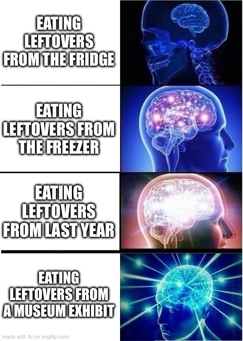 Expanding Brain Meme | EATING LEFTOVERS FROM THE FRIDGE; EATING LEFTOVERS FROM THE FREEZER; EATING LEFTOVERS FROM LAST YEAR; EATING LEFTOVERS FROM A MUSEUM EXHIBIT | image tagged in memes,expanding brain | made w/ Imgflip meme maker