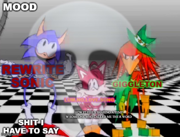 Eh | HOW IT FEELS SHARING A TEMP W SOMEONE WHO CALLED ME THE R WORD | image tagged in new annoucement shared temp | made w/ Imgflip meme maker