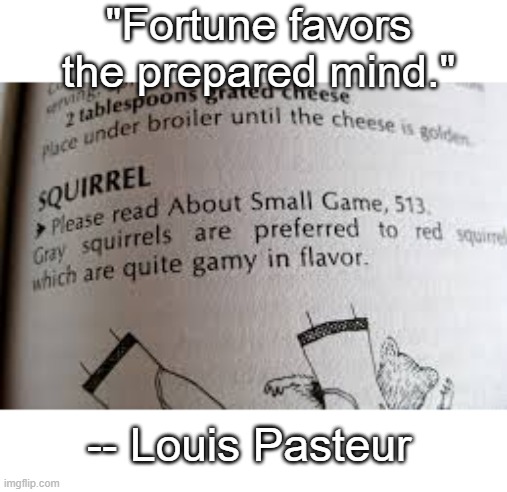 All the love and respect to Irma Rombaur's masterwork, The Joy of Cooking | "Fortune favors the prepared mind."; -- Louis Pasteur | image tagged in food,squirrel,books,cooking,science,good luck | made w/ Imgflip meme maker
