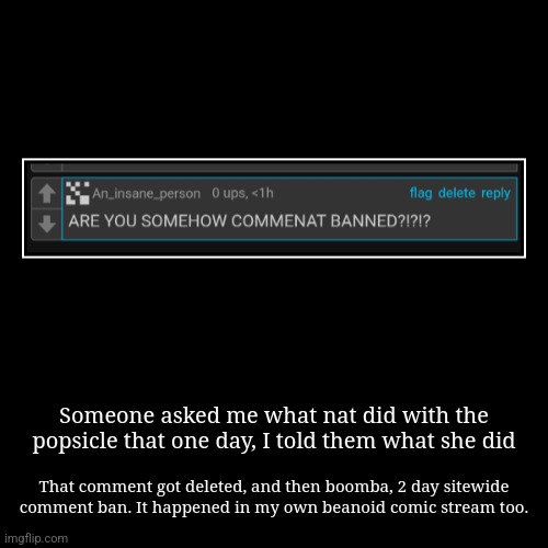 Someone asked me what nat did with the popsicle that one day, I told them what she did | That comment got deleted, and then boomba, 2 day si | image tagged in funny,demotivationals | made w/ Imgflip demotivational maker