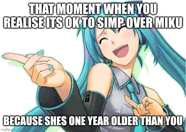 hatsune miku | THAT MOMENT WHEN YOU REALISE ITS OK TO SIMP OVER MIKU; BECAUSE SHES ONE YEAR OLDER THAN YOU | image tagged in hatsune miku | made w/ Imgflip meme maker