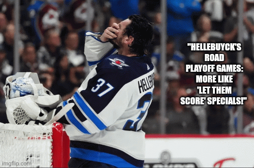 Real to Fake AI "it's no big deal 4 goals given up" | "HELLEBUYCK'S ROAD PLAYOFF GAMES: MORE LIKE 'LET THEM SCORE' SPECIALS!" | image tagged in gifs,ice hockey,hockey | made w/ Imgflip images-to-gif maker