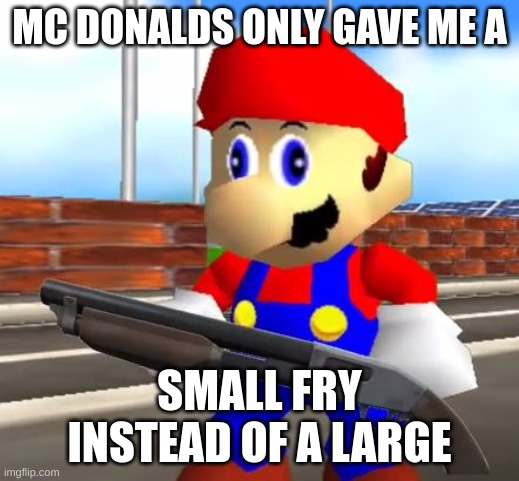SMG4 Shotgun Mario | MC DONALDS ONLY GAVE ME A; SMALL FRY INSTEAD OF A LARGE | image tagged in smg4 shotgun mario | made w/ Imgflip meme maker