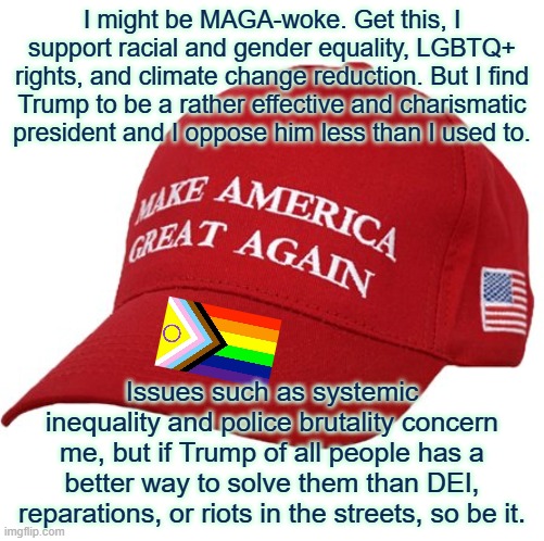 MAGA HAT | I might be MAGA-woke. Get this, I support racial and gender equality, LGBTQ+ rights, and climate change reduction. But I find Trump to be a rather effective and charismatic president and I oppose him less than I used to. Issues such as systemic inequality and police brutality concern me, but if Trump of all people has a better way to solve them than DEI, reparations, or riots in the streets, so be it. | image tagged in maga hat,trump,woke,opinion,america,moderate | made w/ Imgflip meme maker