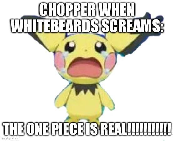 Crying pichu (transparent) | CHOPPER WHEN WHITEBEARDS SCREAMS:; THE ONE PIECE IS REAL!!!!!!!!!!! | image tagged in crying pichu transparent | made w/ Imgflip meme maker
