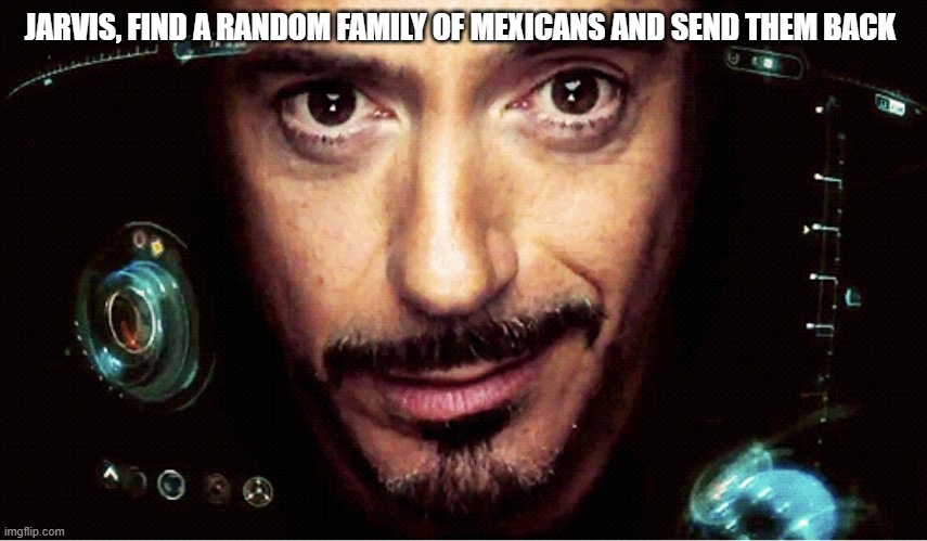 Jarvis | JARVIS, FIND A RANDOM FAMILY OF MEXICANS AND SEND THEM BACK | image tagged in jarvis | made w/ Imgflip meme maker