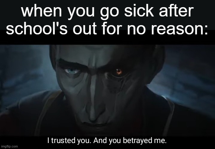 Even the immune system be working against that after freedom | when you go sick after school's out for no reason: | image tagged in i trusted you and you betrayed me,funny,memes,school,body,relatable | made w/ Imgflip meme maker