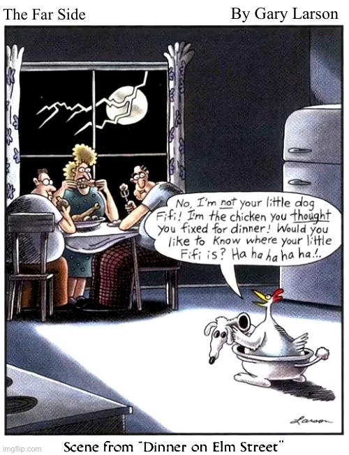 By Gary Larson; The Far Side | image tagged in comics,the far side,horror,evil chicken | made w/ Imgflip meme maker