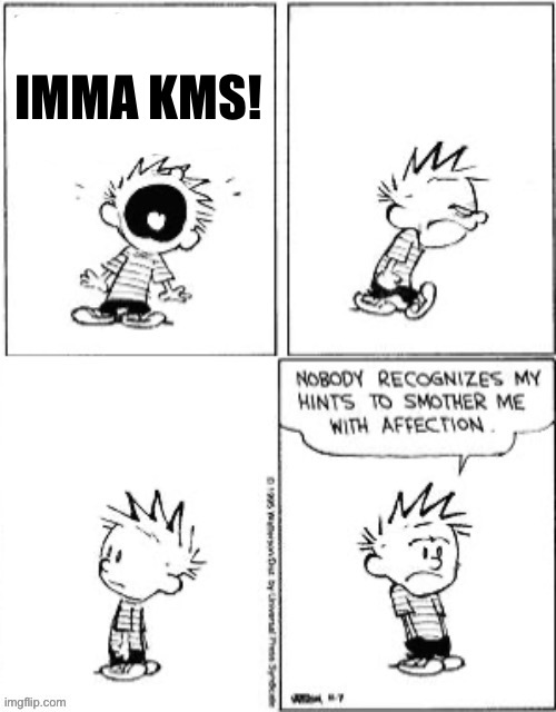 Nobody Recognizes My Hints To Smother Me With Attention | IMMA KMS! | image tagged in nobody recognizes my hints to smother me with attention | made w/ Imgflip meme maker