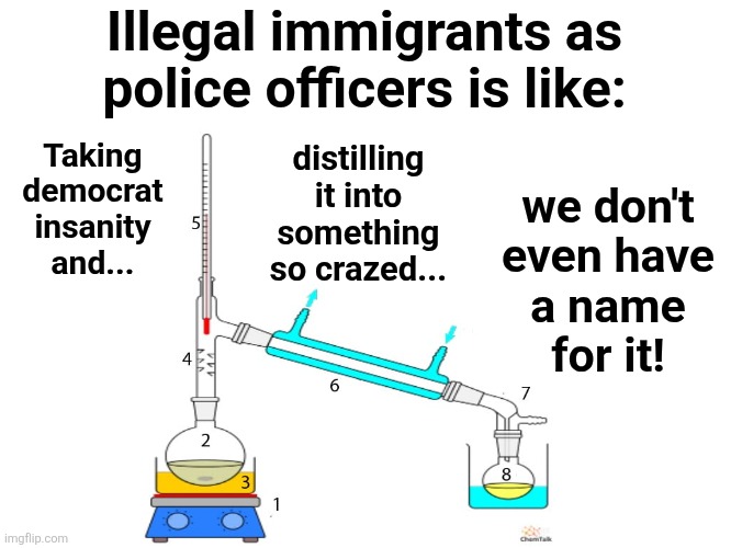 Some new kind of craziness! | Illegal immigrants as
police officers is like:; Taking
democrat
insanity
and... distilling
it into
something
so crazed... we don't
even have
a name
for it! | image tagged in memes,illegal immigrants,police officers,democrats,insanity,distilling | made w/ Imgflip meme maker