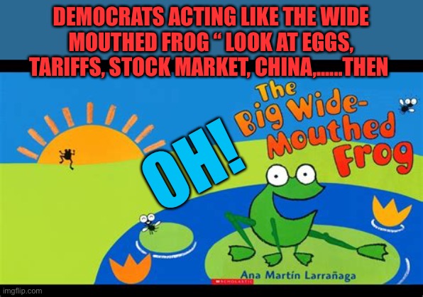 Loud mouthed Democratic's are just like the children’s book | DEMOCRATS ACTING LIKE THE WIDE MOUTHED FROG “ LOOK AT EGGS, TARIFFS, STOCK MARKET, CHINA,......THEN; OH! | image tagged in big mouthed frog,democrats,president trump,trump administration | made w/ Imgflip meme maker