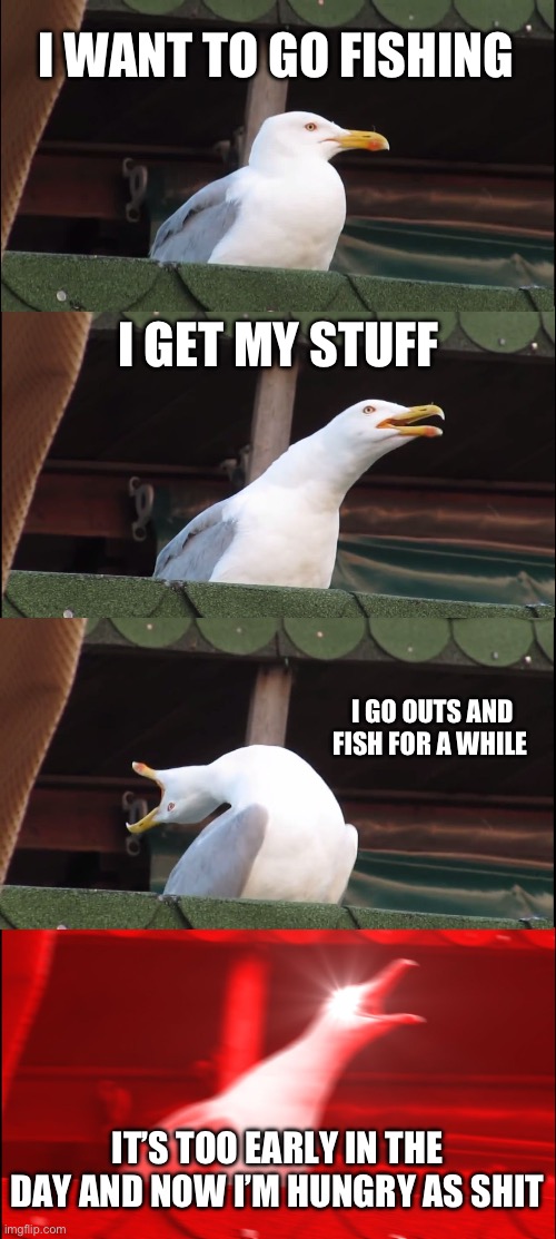 Average fishing experience | I WANT TO GO FISHING; I GET MY STUFF; I GO OUTS AND FISH FOR A WHILE; IT’S TOO EARLY IN THE DAY AND NOW I’M HUNGRY AS SHIT | image tagged in memes,inhaling seagull | made w/ Imgflip meme maker