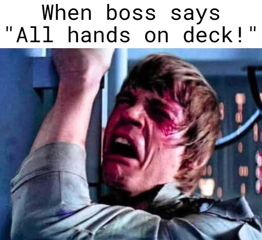 When boss says "All hands on deck!" | image tagged in funny,star wars,luke skywalker | made w/ Imgflip meme maker