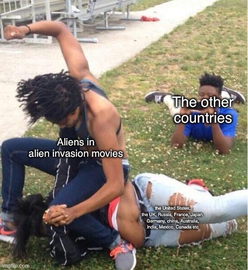 Guy recording a fight | The other countries; Aliens in alien invasion movies; the United States, the UK, Russia, France, Japan, Germany, china, Australia, India, Mexico, Canada etc | image tagged in guy recording a fight | made w/ Imgflip meme maker