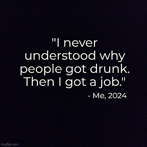 Lol | "I never understood why people got drunk. Then I got a job."; - Me, 2024 | image tagged in black screen | made w/ Imgflip meme maker