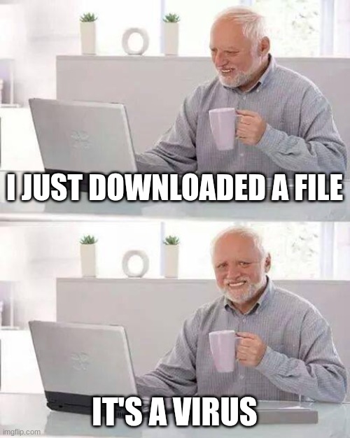 virus | I JUST DOWNLOADED A FILE; IT'S A VIRUS | image tagged in memes,hide the pain harold | made w/ Imgflip meme maker
