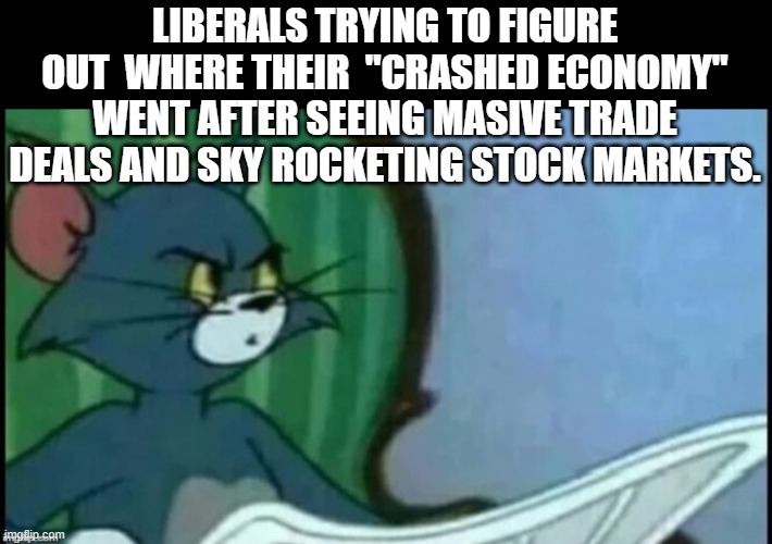 seems like a "crashed economy" went the way of  "legal maryland dad" LoL | LIBERALS TRYING TO FIGURE OUT  WHERE THEIR  "CRASHED ECONOMY" WENT AFTER SEEING MASIVE TRADE DEALS AND SKY ROCKETING STOCK MARKETS. | image tagged in tom cat looking confused,funny memes,political humor,trump trademark,stupid liberals,donald trump approves | made w/ Imgflip meme maker