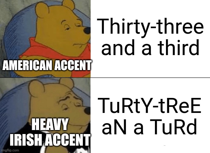 (This meme is not trying to offend anyone) | Thirty-three and a third; AMERICAN ACCENT; TuRtY-tReE aN a TuRd; HEAVY IRISH ACCENT | image tagged in memes,tuxedo winnie the pooh | made w/ Imgflip meme maker