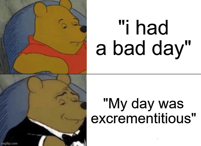 I am fancy | "i had a bad day"; "My day was excrementitious" | image tagged in memes,tuxedo winnie the pooh | made w/ Imgflip meme maker