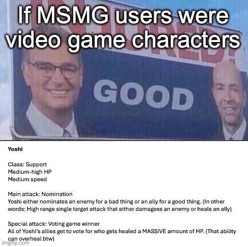 I may do your requests, the chance for it is rather low though | If MSMG users were video game characters | image tagged in injured good announcement | made w/ Imgflip meme maker