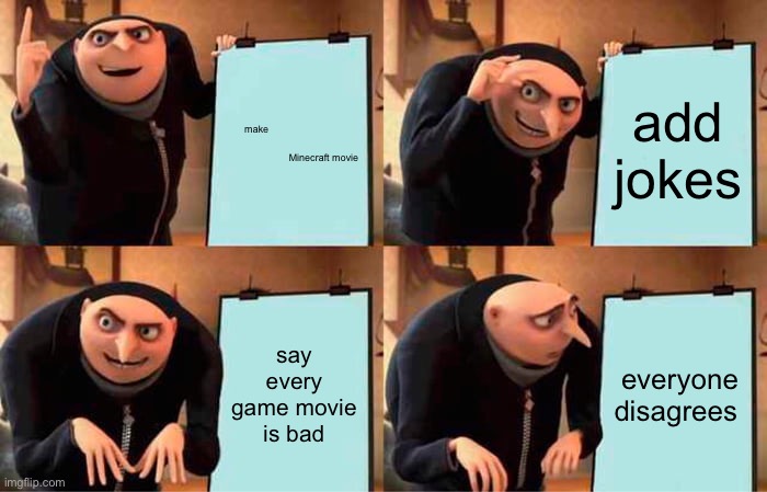 make                                                                                     Minecraft movie add jokes say every game movie is b | image tagged in memes,gru's plan | made w/ Imgflip meme maker