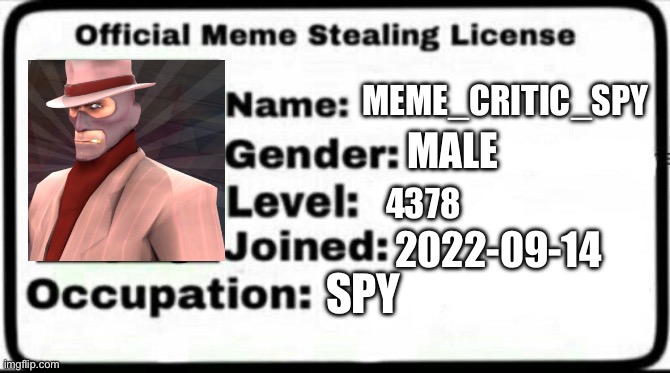 Meme Stealing License | MEME_CRITIC_SPY; MALE; 4378; 2022-09-14; SPY | image tagged in meme stealing license | made w/ Imgflip meme maker