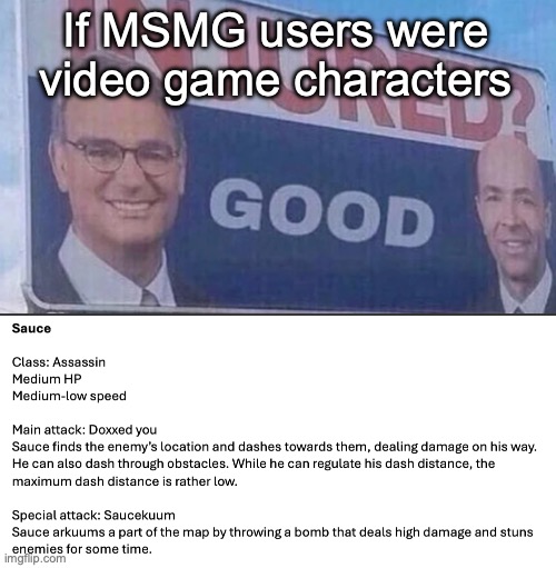 I might do some requests, but I need to know more about the people that send me requests | If MSMG users were video game characters | image tagged in injured good announcement | made w/ Imgflip meme maker